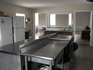 Tatlock Hall kitchen: stainless steel counters, refrigerator, ample workspace
