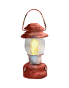 Rustic red lantern with a glowing flame.