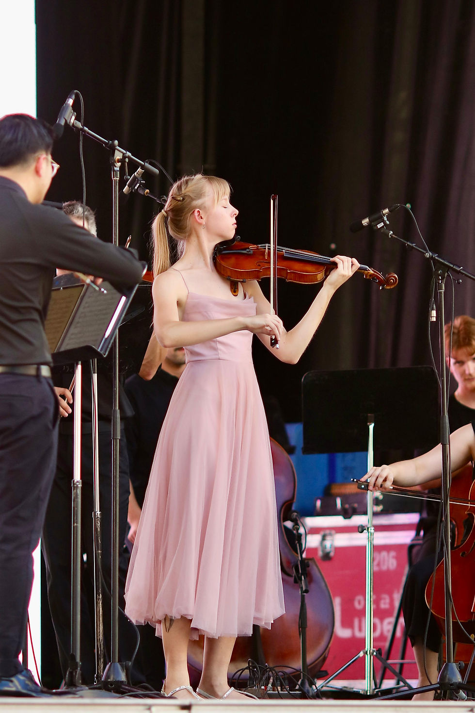 Violinist in pink dress performing on stage.