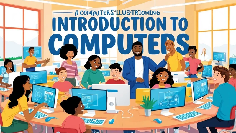 An educational infographic illustrating the basics of computers. It features a desktop computer with labeled components such as a monitor, keyboard, mouse, and CPU. Surrounding icons represent different aspects of computing, including hardware, software, operating systems, and applications. A text banner at the top reads 'Introduction to Computers' in bold letters