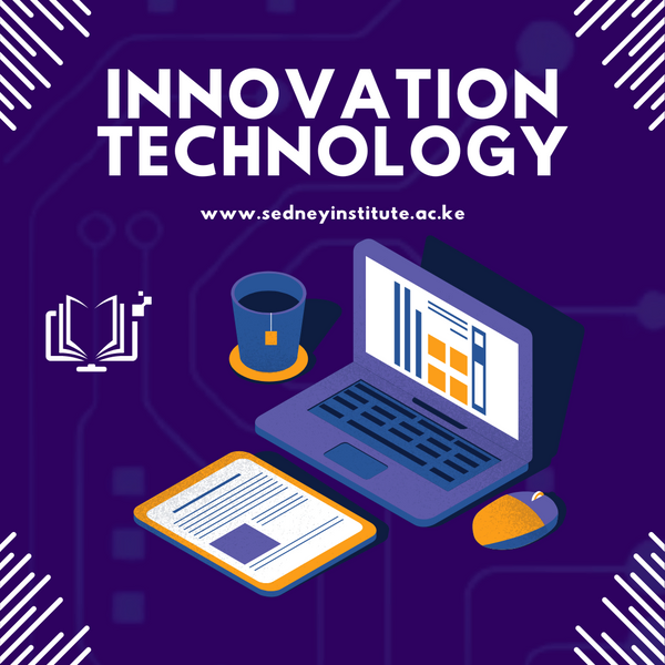 an advertisement for innovation technology shows a laptop and a cup of coffee