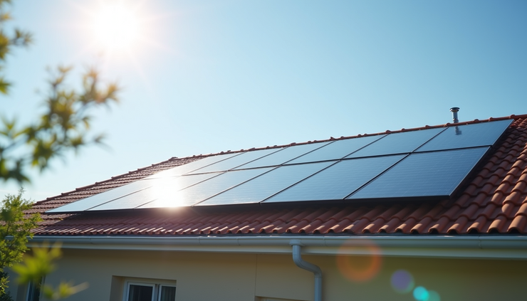 Eye-level view of a solar panel installation on a residential rooftop