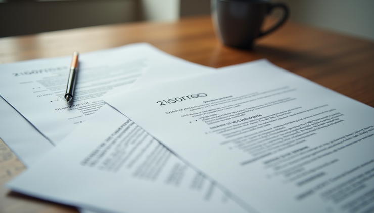 Close-up of a neatly organized CV and portfolio documents on a wooden table