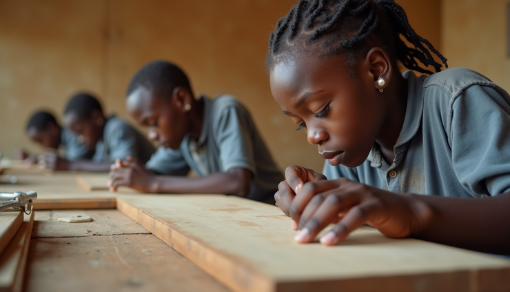 Eye-level view of a Kenyan vocational training workshop with students practicing carpentry skills