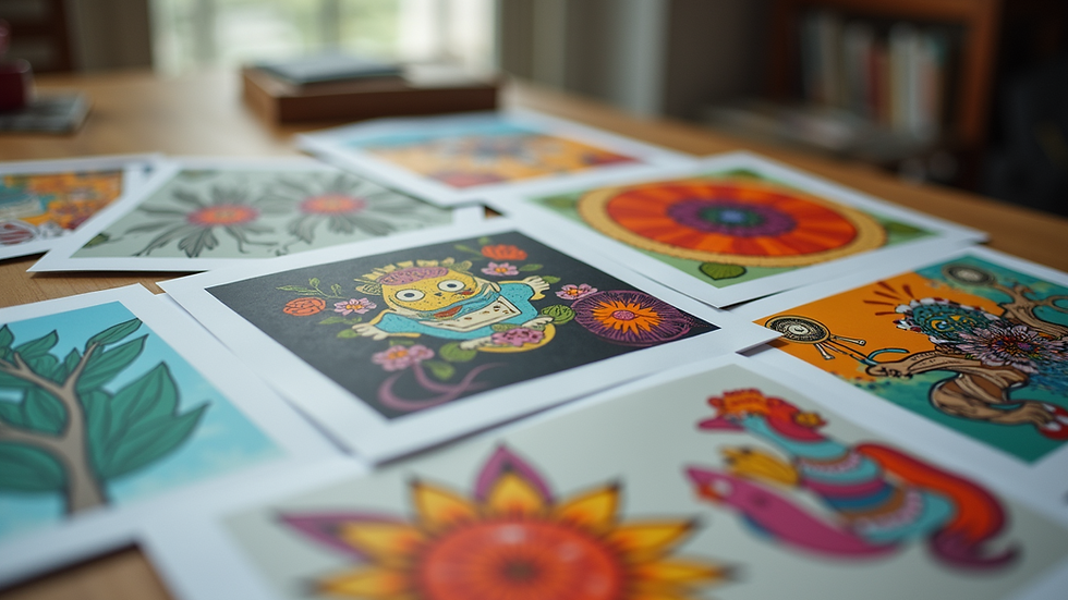 Close-up view of a colorful art portfolio with various creative works
