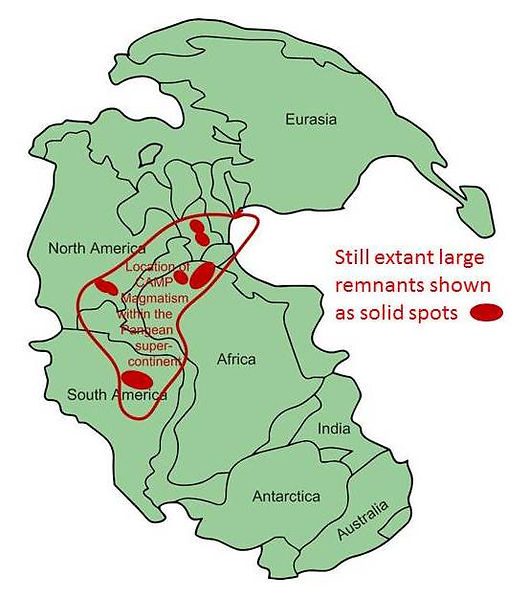 The Central Atlantic Magmatic Province (CAMP) on the Triassic supercontinent Pangaea(Image source:Williamborg, CC BY-SA 3.0 )