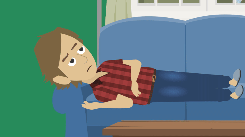 Colour screen transitions to grayscale scene showing Patrick working in his office.