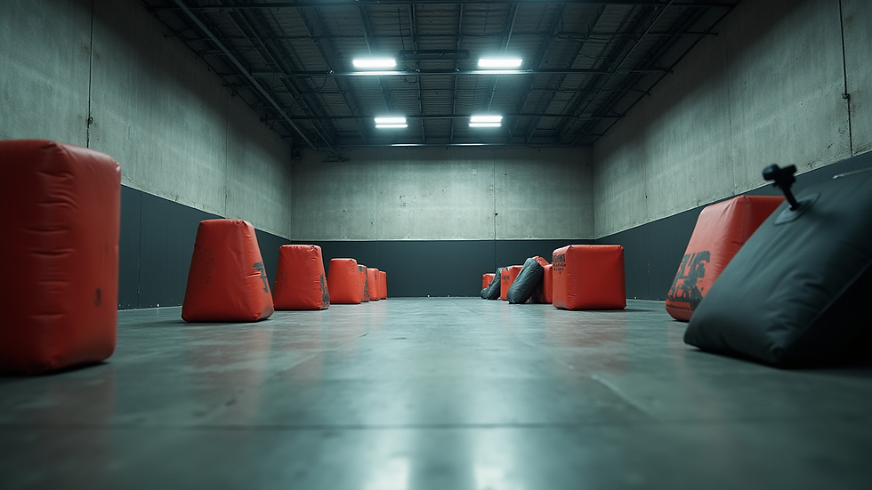 Eye-level view of indoor airsoft arena with tactical obstacles