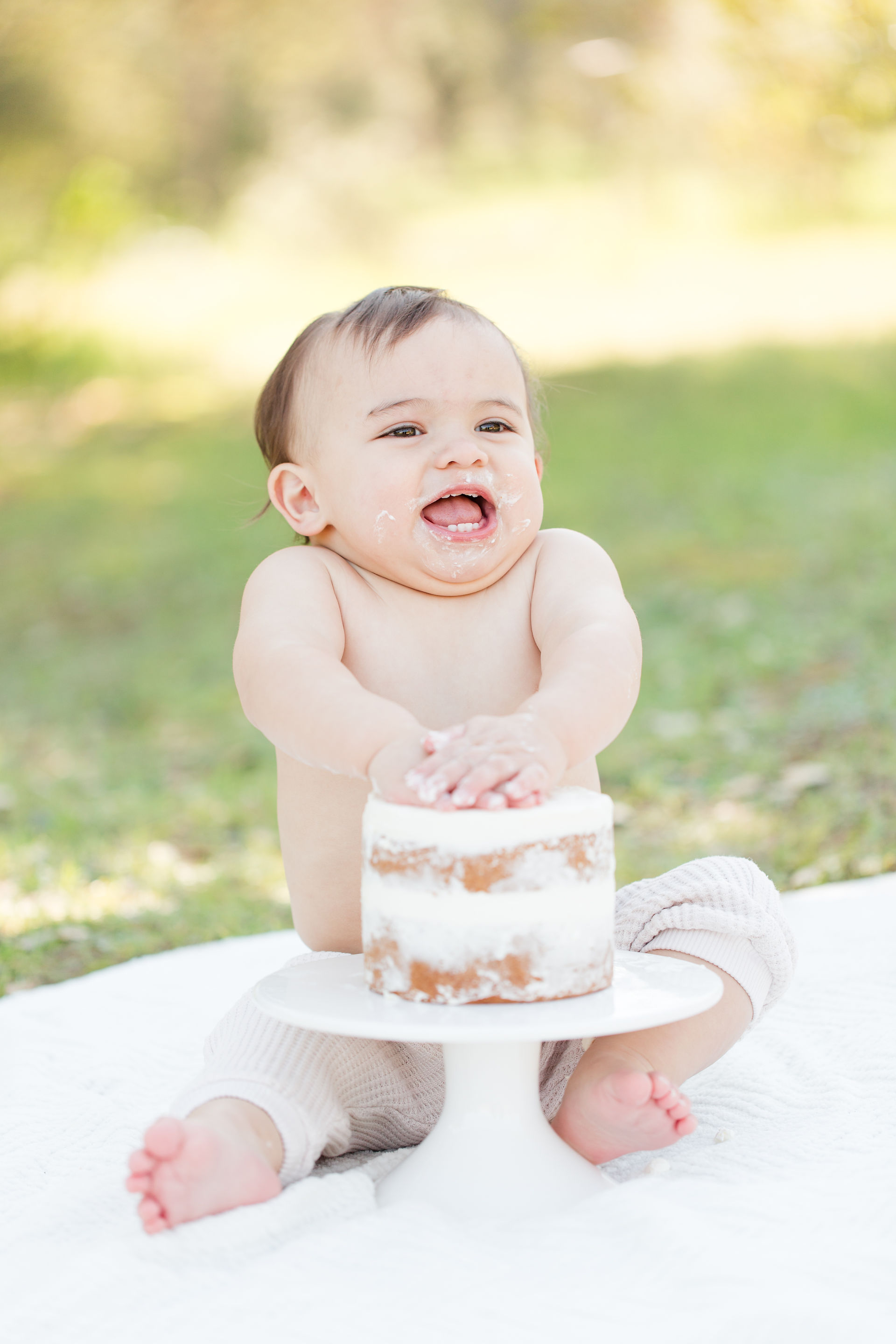 One Year Old Boy Cake Smash San Jose neutral outfit guadalupe oak grove park cakesmash portrait nakedcake bay area cake smash photographer