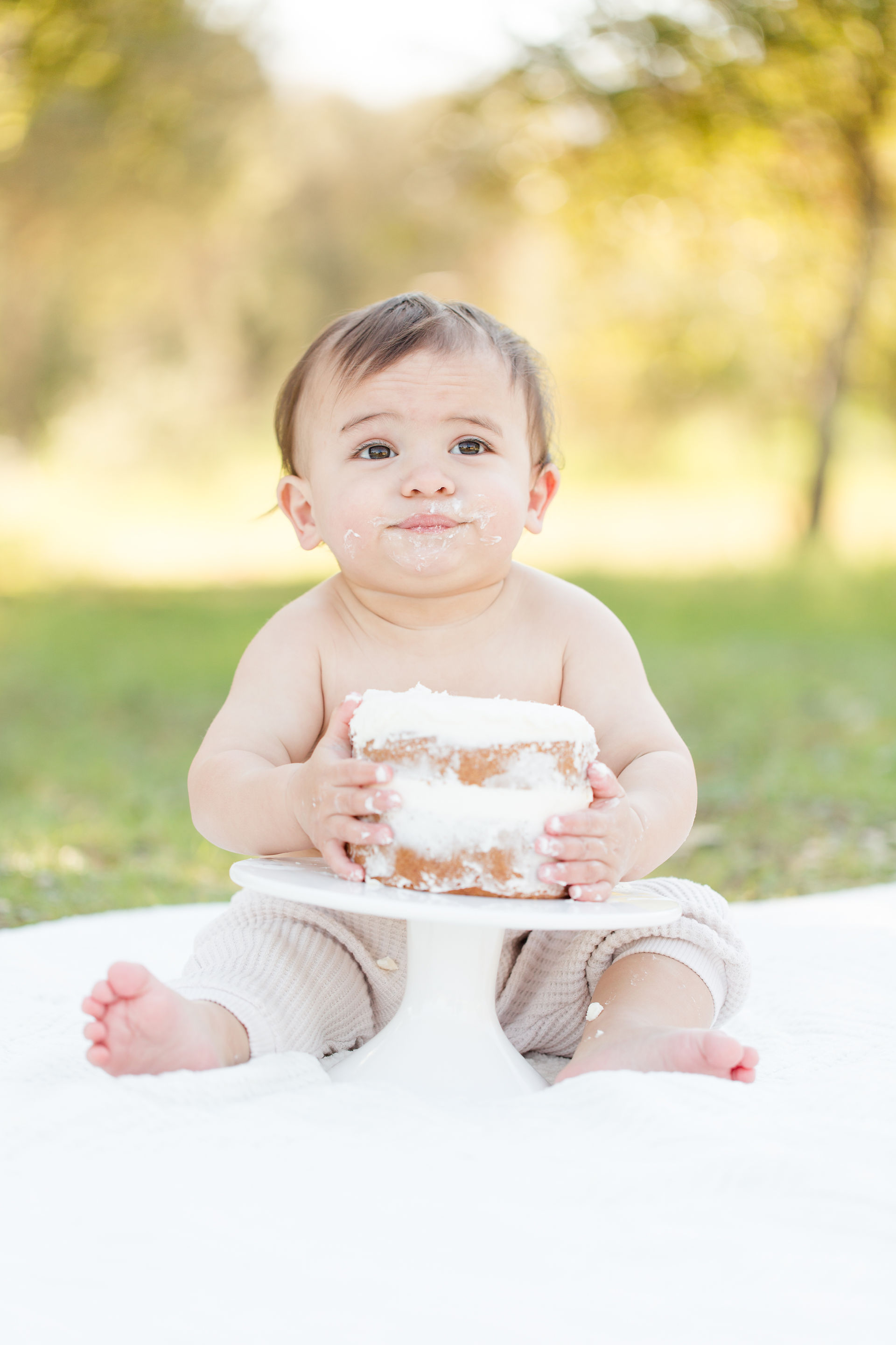 One Year Old Boy Cake Smash San Jose neutral outfit guadalupe oak grove park cakesmash portrait nakedcake bay area cake smash photographer