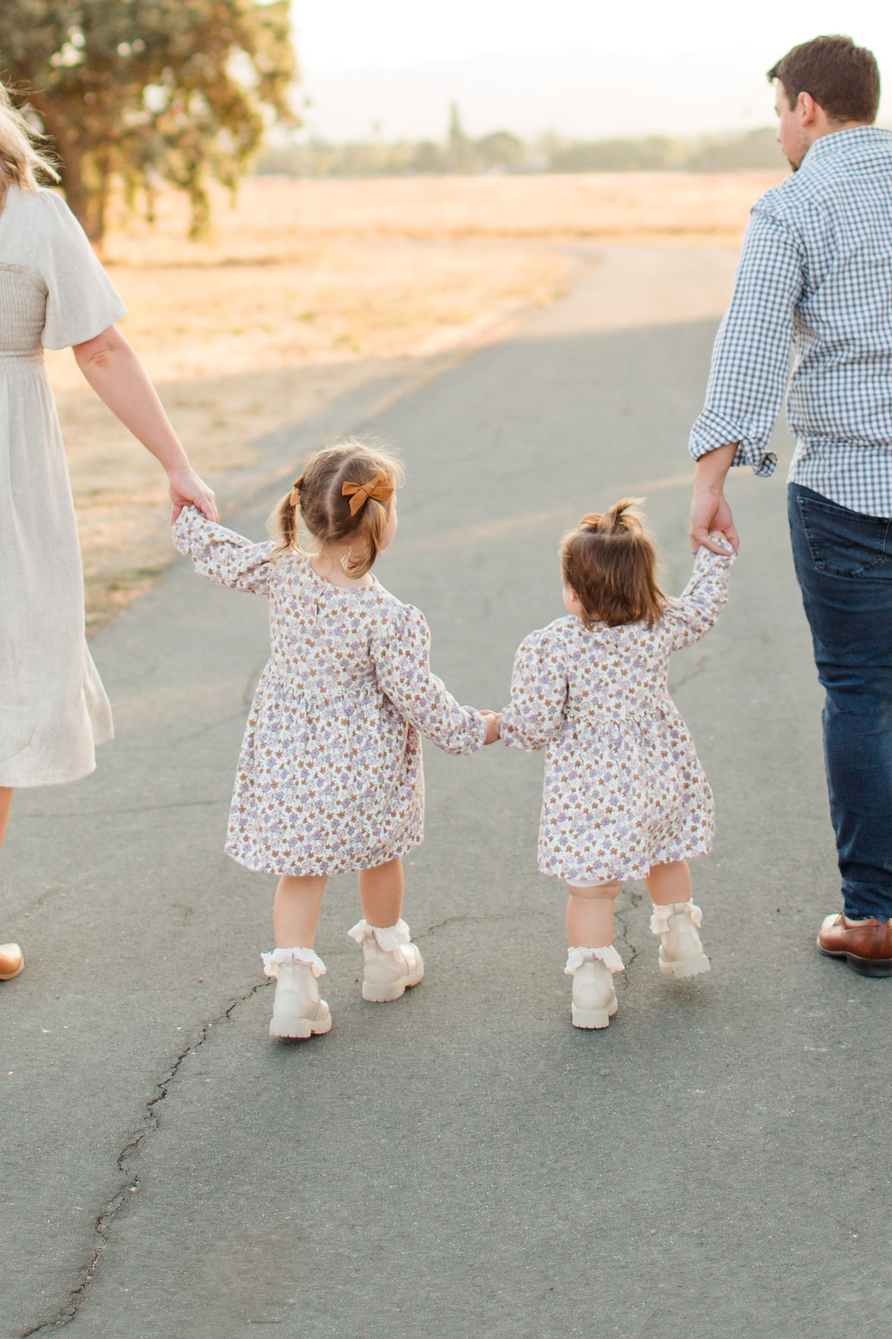 hkcreate hk create bay area family photography mini session morgan hill trail tree path field golden light neutral color scheme outfits matching dresses tan booties cream dress