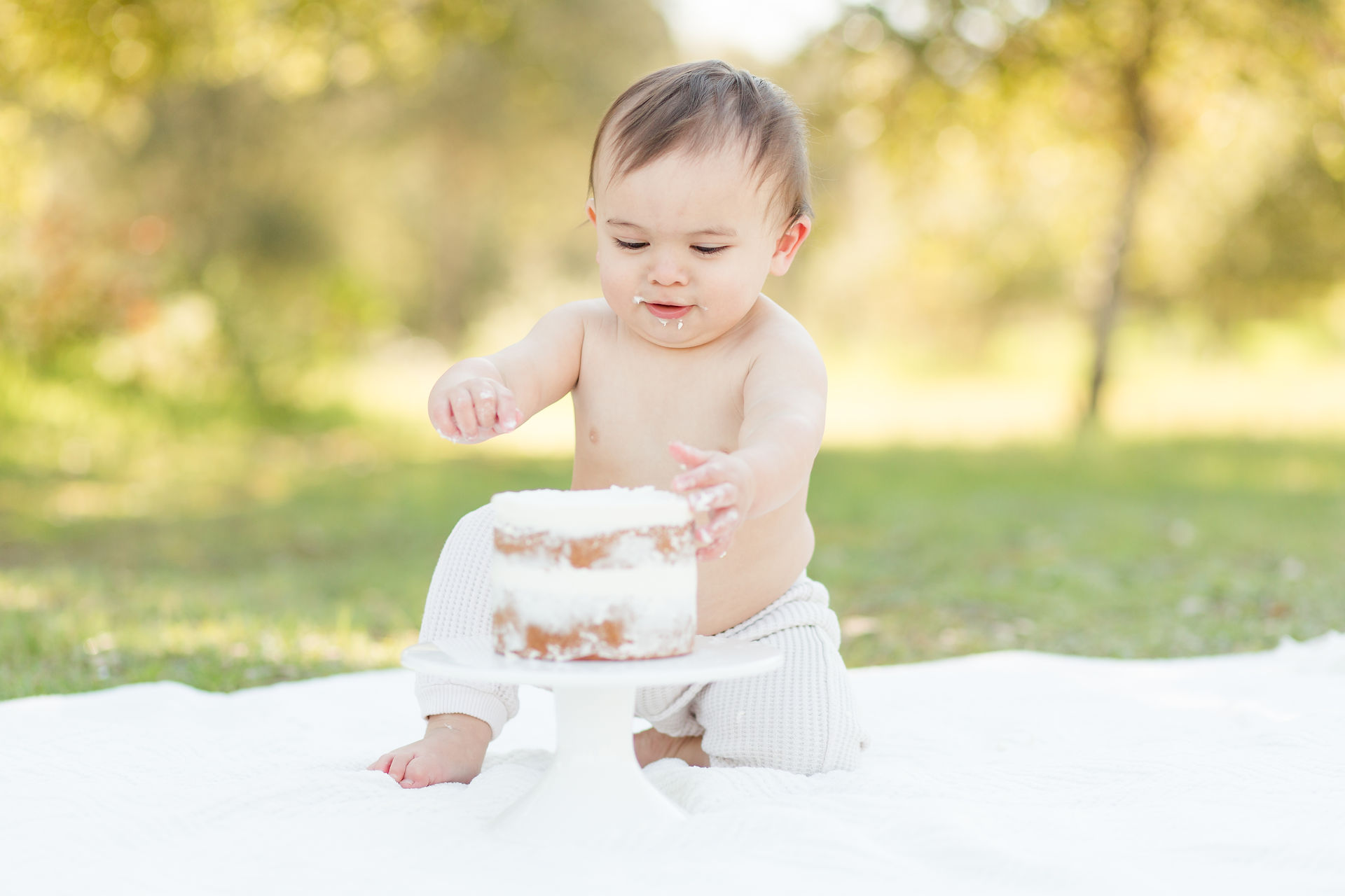 One Year Old Boy Cake Smash San Jose neutral outfit guadalupe oak grove park cakesmash portrait nakedcake bay area cake smash photographer
