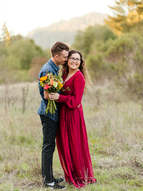 FOREST ENGAGEMENT COUPLE HENRY COWELL hkcreate hk create photographer photography bay area san jose red dress gown wildflower bouquet blue shirt cute baltic born golden hour joyful