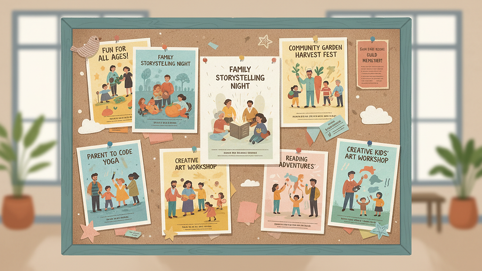 Eye-level view of a community center bulletin board with family event flyers