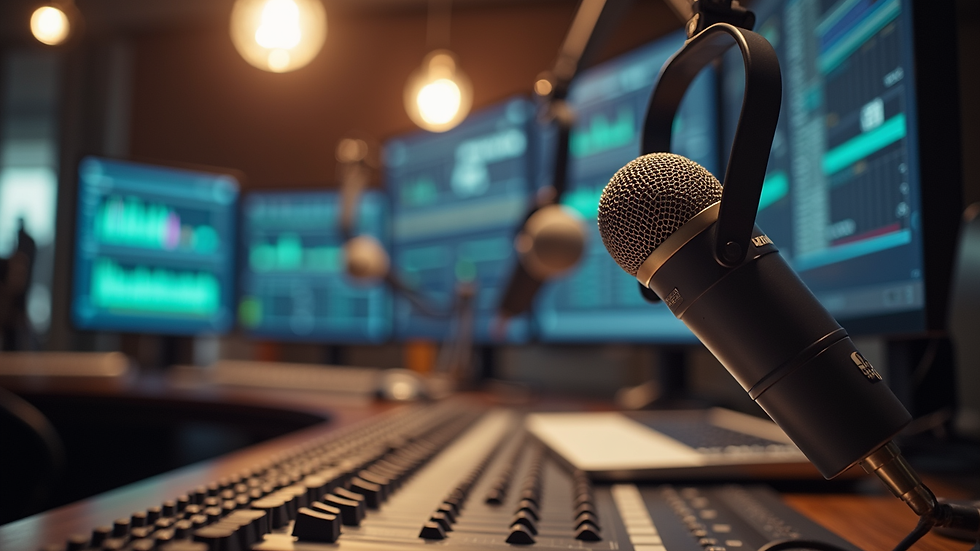 Eye-level view of a radio studio with equipment and microphones