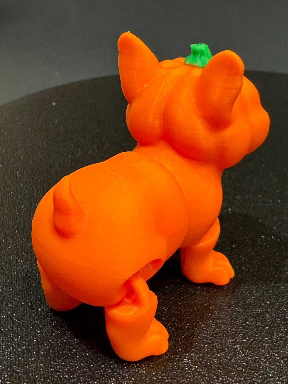 Orange dog toy shaped like a pumpkin in a Halloween theme. The Maggenary.