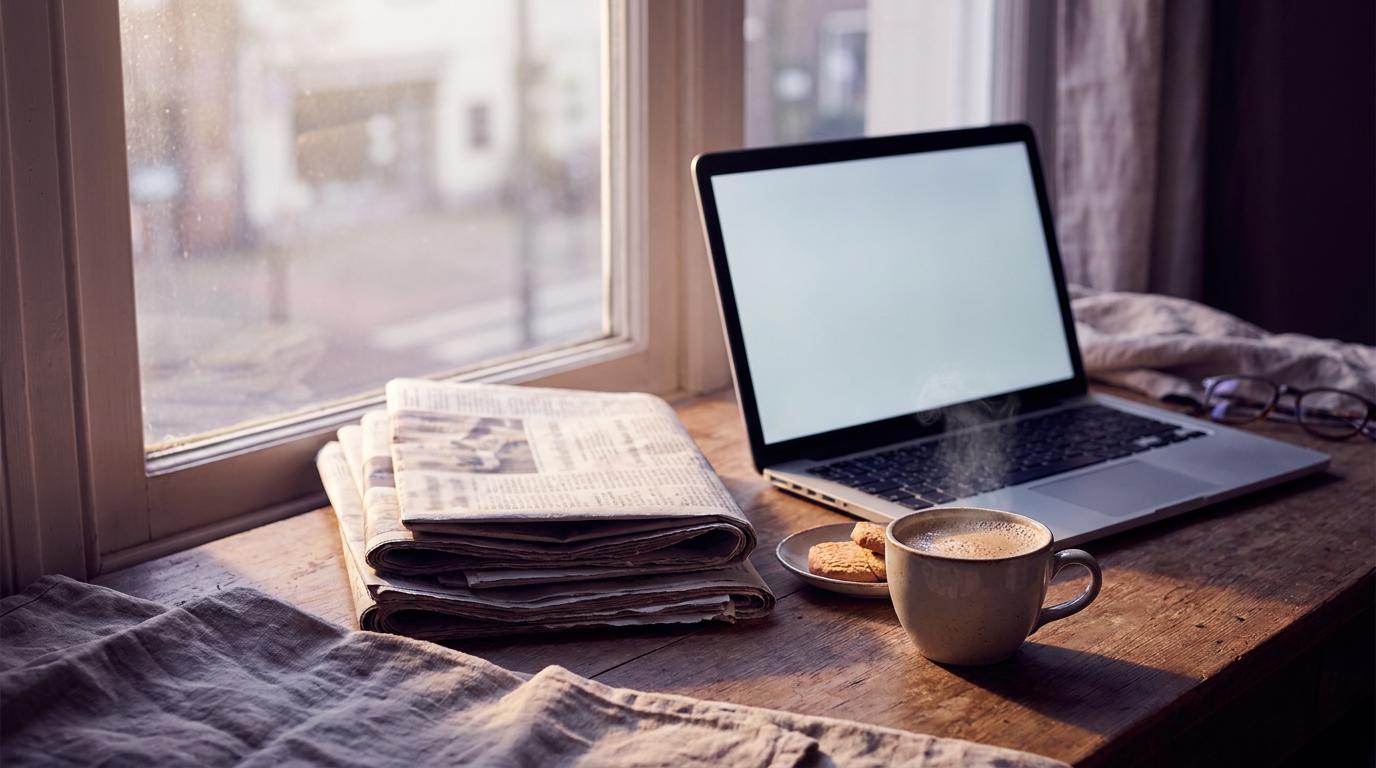 Newspapers, a laptop and a cup of chai on a desk