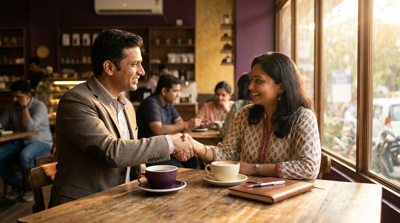 Two professionals shaking hands across a cafe table