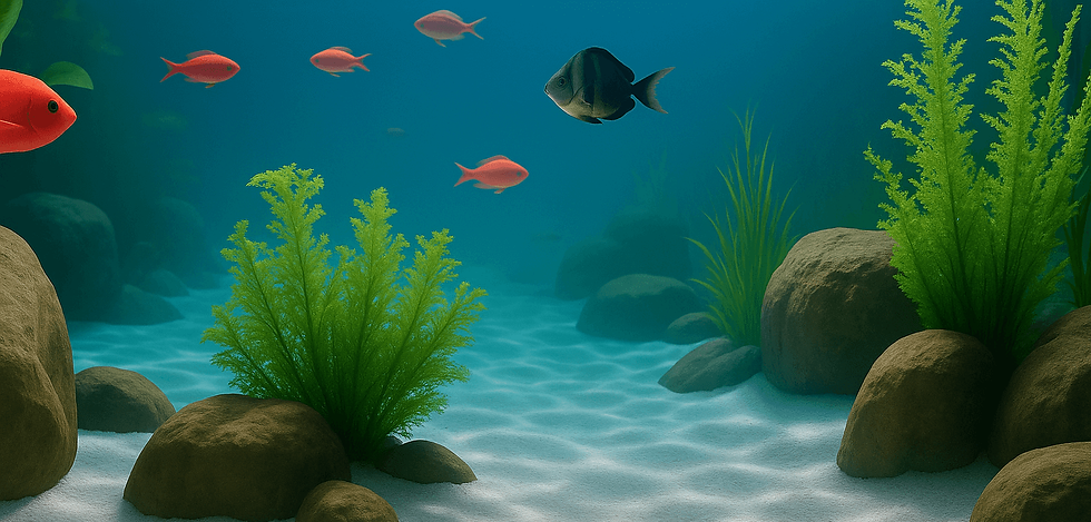 Aquarium d’eau douce avec poissons discus colorés, plantes aquatiques et rochers décoratifs, idéal pour passionnés.