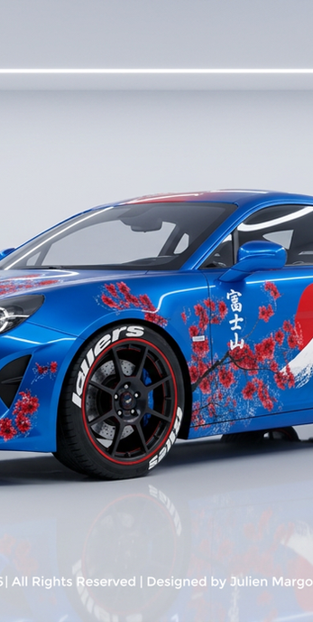 Vue 3D d'un Wrap design Alpine A110 Sakura, thème Japon. Un design Graphikustoms