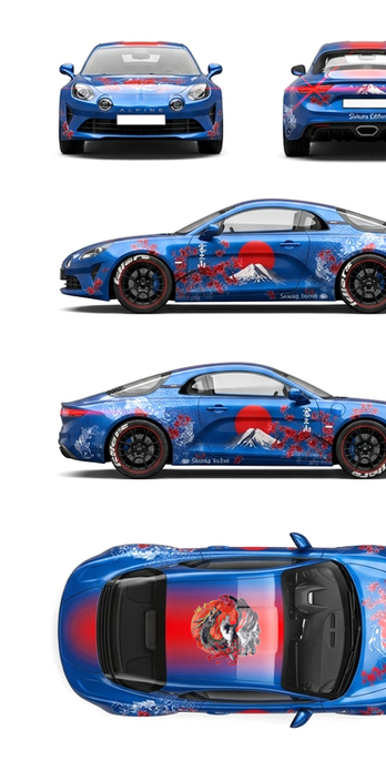 Plan 2D d'un Wrap design Alpine A110 Sakura, thème Japon. Un design Graphikustoms