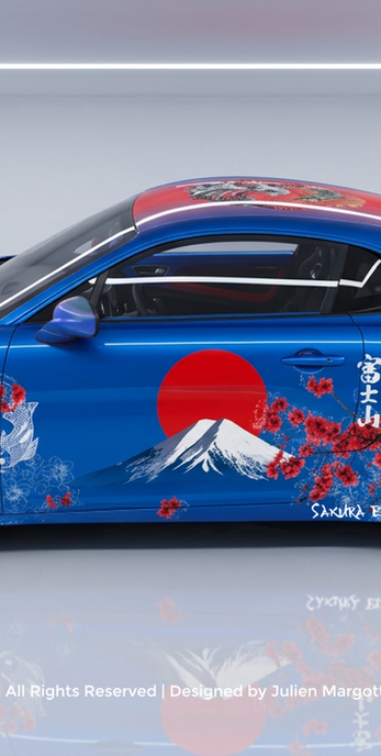 Vue 3D d'un Wrap design Alpine A110 Sakura, thème Japon. Un design Graphikustoms
