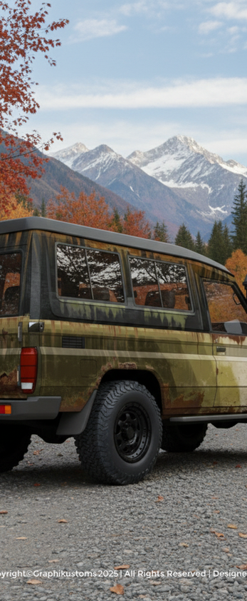 Toyota Land Cruiser et son covering dans son environnement. Un wrap design réalisé par Graphikustoms.