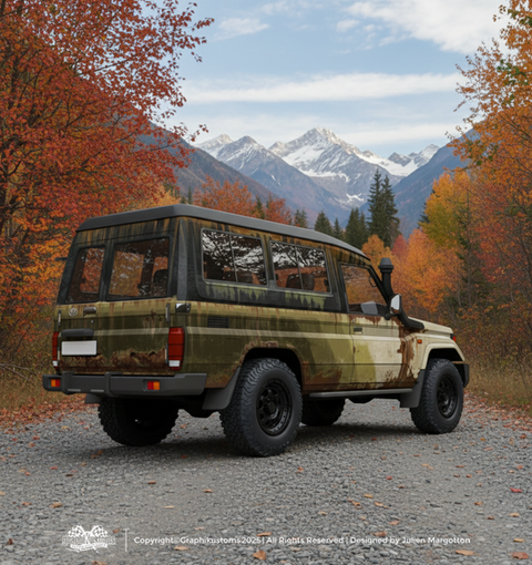 Toyota Land Cruiser et son covering dans son environnement. Un wrap design réalisé par Graphikustoms.