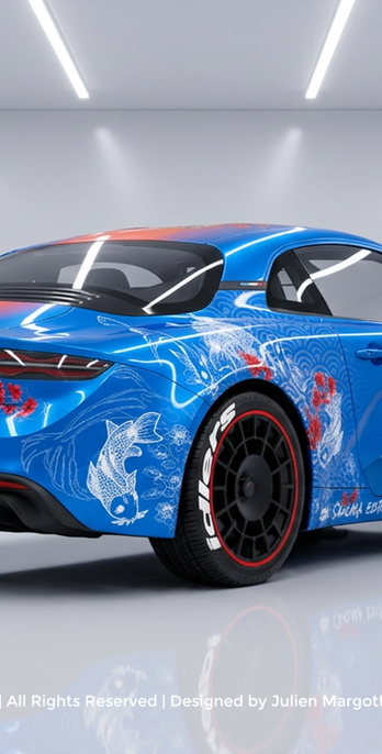 Vue 3D d'un Wrap design Alpine A110 Sakura, thème Japon. Un design Graphikustoms