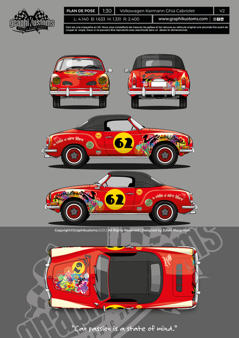 Plan de pose 2D Blueprint pour covering sur VW Karmann Ghia. Un wrap design signé Graphikustoms.