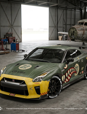 Design de livrée sur Nissan GTR. Projet 3D. Livrée warbird par Graphikustoms.