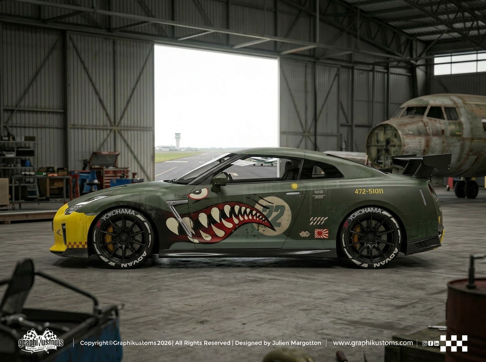 Design de livrée sur Nissan GTR. Projet 3D. Livrée warbird par Graphikustoms.