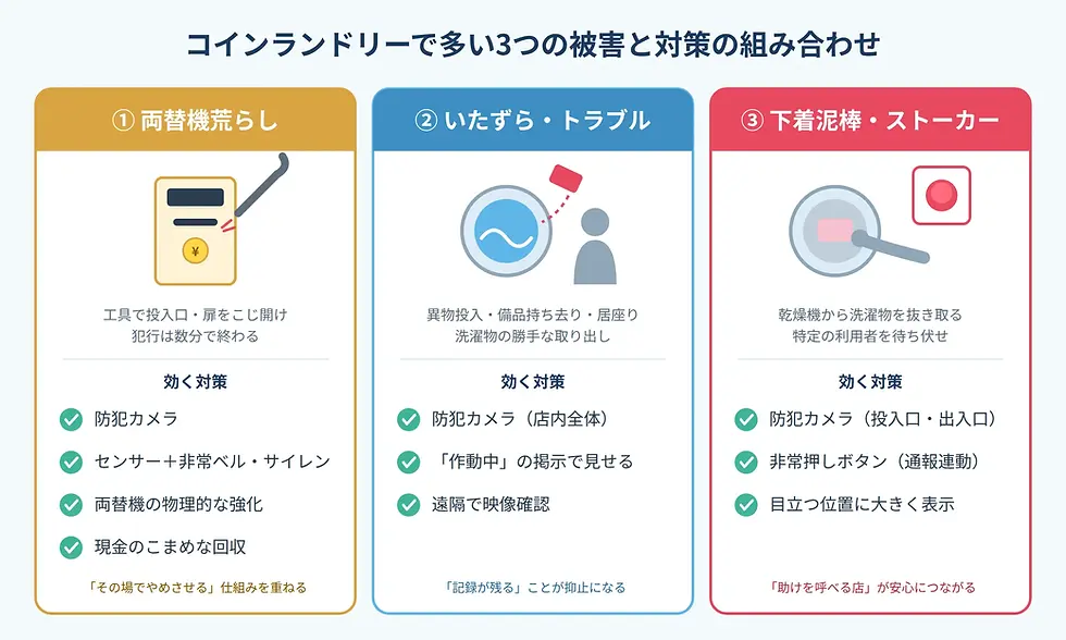 コインランドリーでの被害と対策を3枠で示す図。両替機荒らし、いたずら・トラブル、下着泥棒を防犯カメラや非常ボタンで対策。