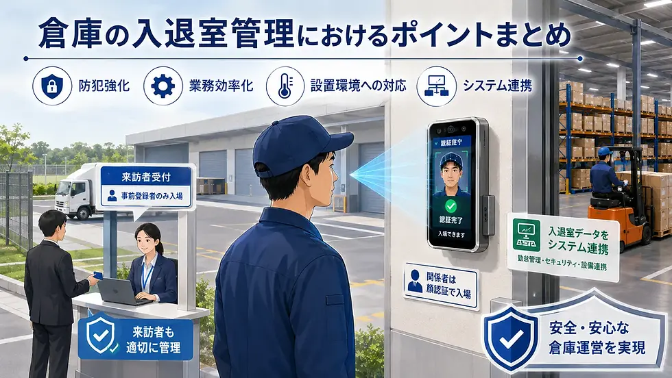 倉庫の入退室管理の説明図。受付で来訪者を管理し、作業員が顔認証で入場。奥にフォークリフトと荷棚、上部に管理の4項目。
