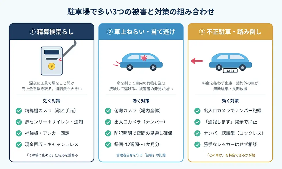 駐車場で多い被害と対策を3分割で示す日本語の図。精算機荒らし、車上ねらい、不正駐車を車のイラストと箇条書きで解説