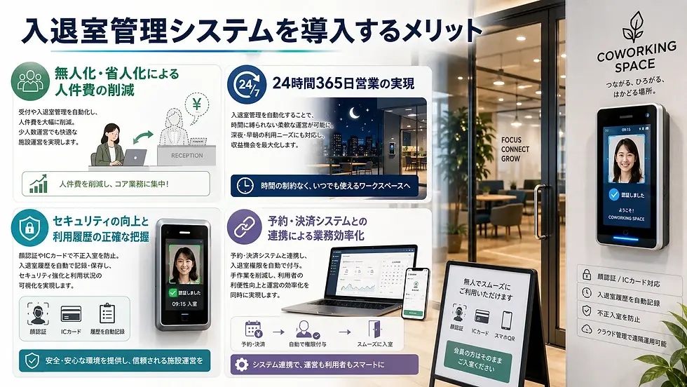 入退室管理システム導入のメリットを示す日本語インフォグラフィック。コワーキングスペース入口に顔認証端末と案内板、24時間営業や無人化、セキュリティ向上を説明。