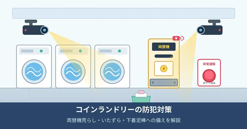 防犯カメラと洗濯機、両替機、非常通報ボタンを示す防犯対策の図。下部に「コインランドリーの防犯対策」の文字。