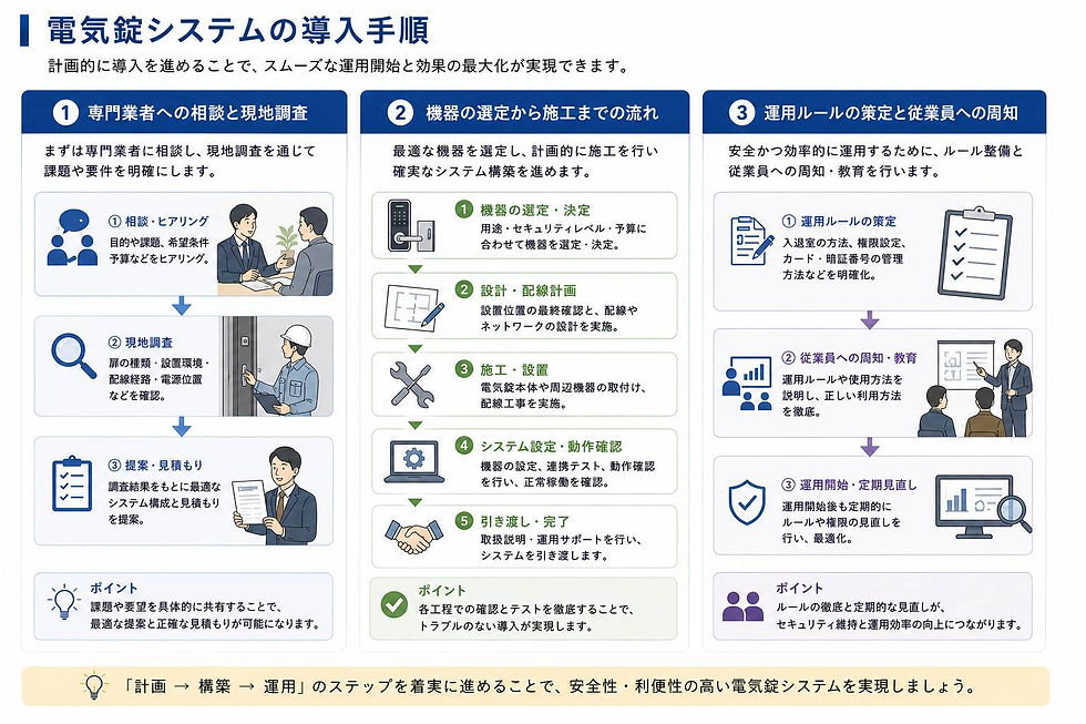 電気錠システムの導入手順を3段階で示す日本語インフォグラフィック。相談・現地調査、施工、運用ルール策定と教育の図解。