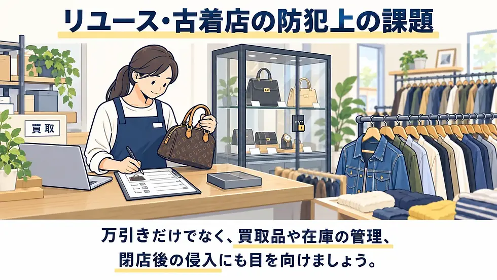 リユース・古着店で、店員が買取伝票に記入しながらブランドバッグを査定する店内。上部に防犯課題、下部に買取品や在庫管理、閉店後の侵入にも注意と表示。