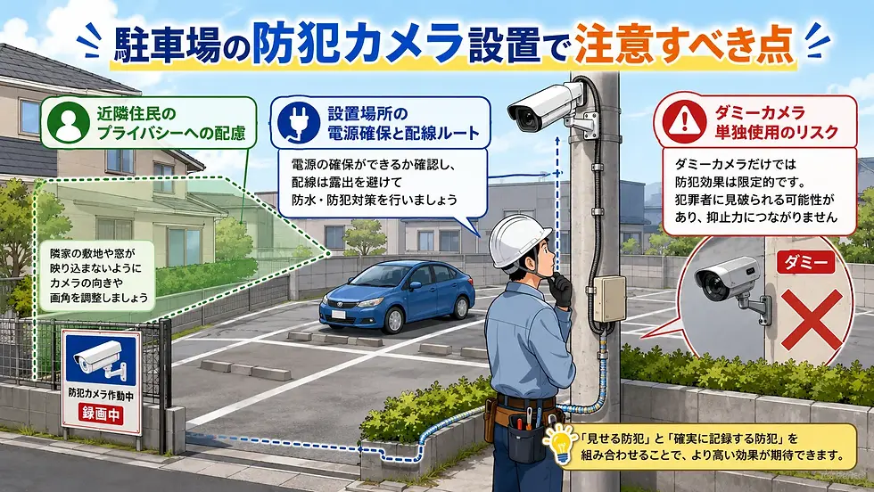 駐車場の防犯カメラ設置の注意点を示す案内図。作業員が電柱のカメラを確認し、住宅や車、ダミーカメラ注意、録画中表示がある。