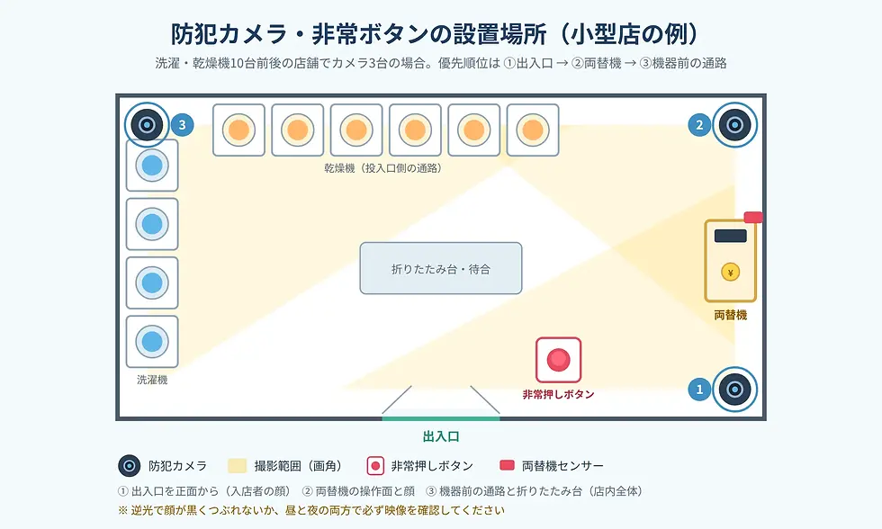 小型店の店内図で、防犯カメラ・非常ボタンの設置場所を示す案内。入口、洗濯機、乾燥機、両替機、3台のカメラ配置が描かれている。