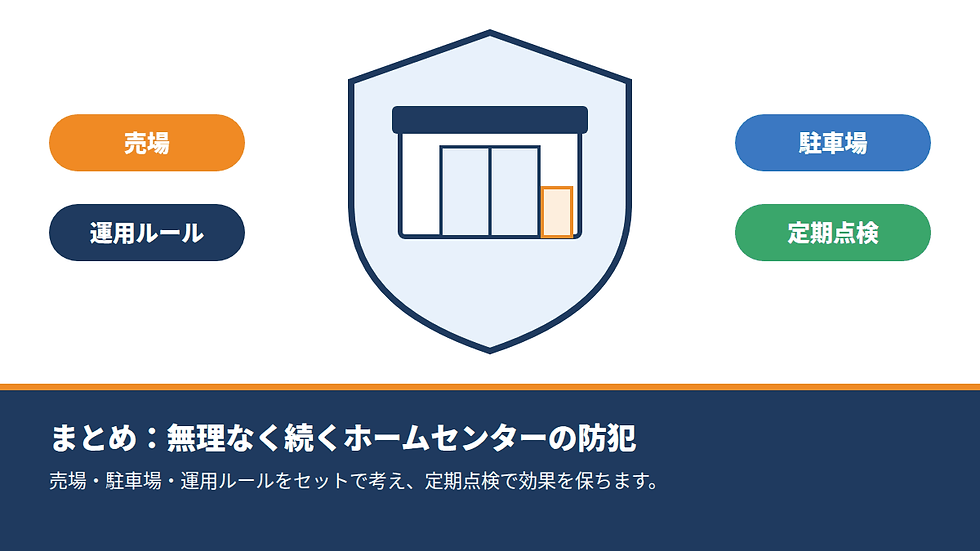 盾の中に店のアイコン、左右に売場・運用ルール・駐車場・定期点検の色付きボタン。下部にまとめ文があり、防犯を示す落ち着いた案内画面。