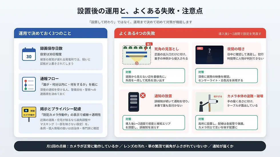 防犯カメラ運用の注意点をまとめた日本語インフォグラフィック。録画保存30日、通報フロー、死角・暗さ・通知停止・盗難対策を図解。