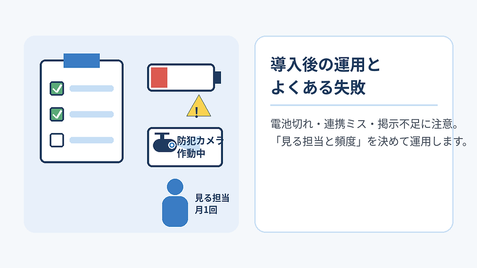 導入後の運用とよくある失敗を示す青系の図。チェックリスト、低電池警告、防犯カメラ作動中、見る担当月1回の表示。