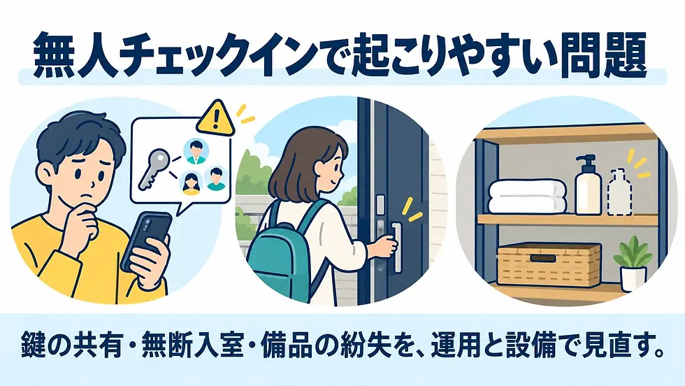 無人チェックインで起こりやすい問題の図。スマホで鍵共有を確認して悩む男性、入室する女性、備品棚。上に「無人チェックインで起こりやすい問題」。