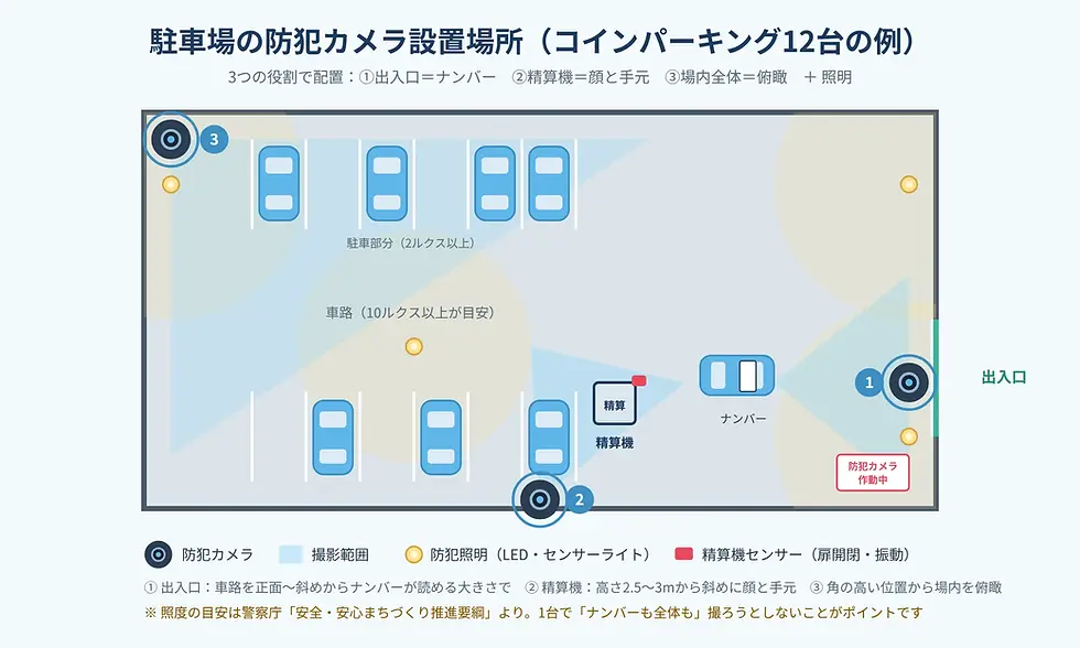 駐車場の防犯カメラ設置図。入口・精算機・場内を撮影範囲で示し、車列と照明、ナンバーや「防犯カメラ作動中」の表示がある。