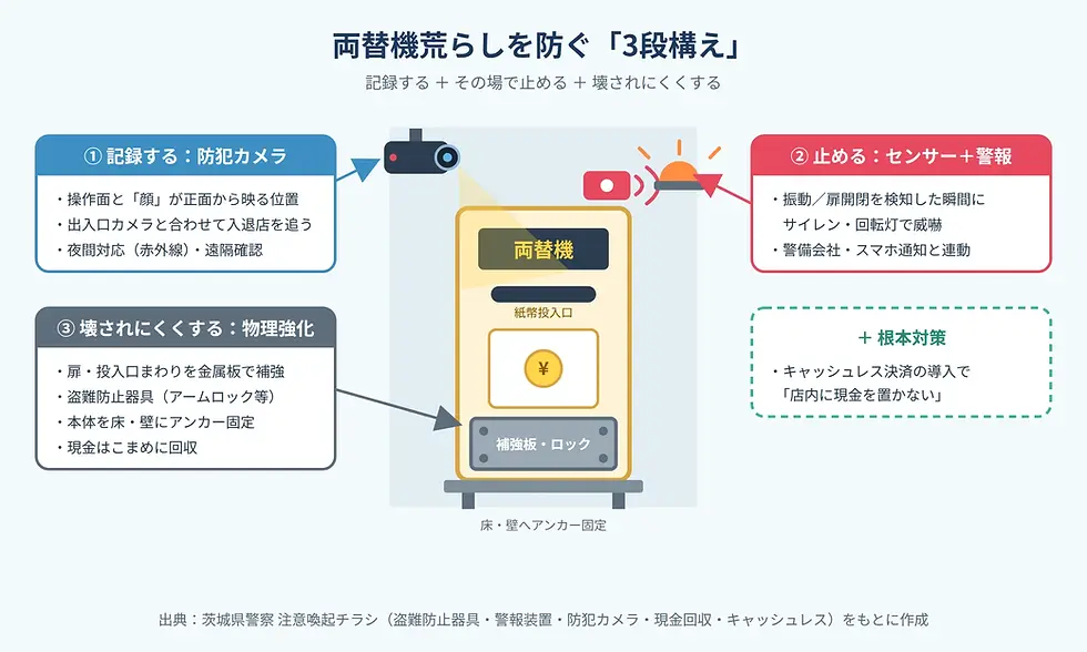 両替機荒らし対策の図解。防犯カメラ、センサー警報、金属補強とロック、床壁固定、キャッシュレス化を説明する。