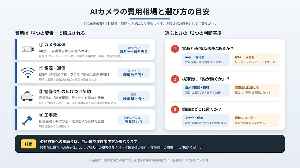 AIカメラの費用相場と選び方を示す日本語インフォグラフィック。4要素と3基準、各項目の料金目安を図解し、下部に補助金の注意書き。