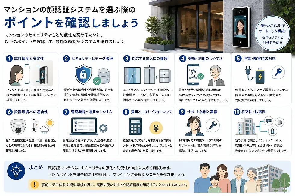 マンション向け顔認証システムの選び方を解説する図。玄関の端末や家族の例、1〜10の比較項目と注意点が並ぶ。