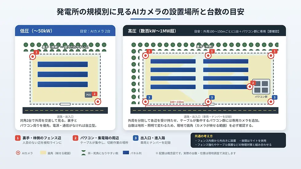 発電所規模別のAIカメラ設置図。低圧は2台、高圧は周囲100〜150mごとに配置し、フェンス際や出入口、パワコン群を示す。